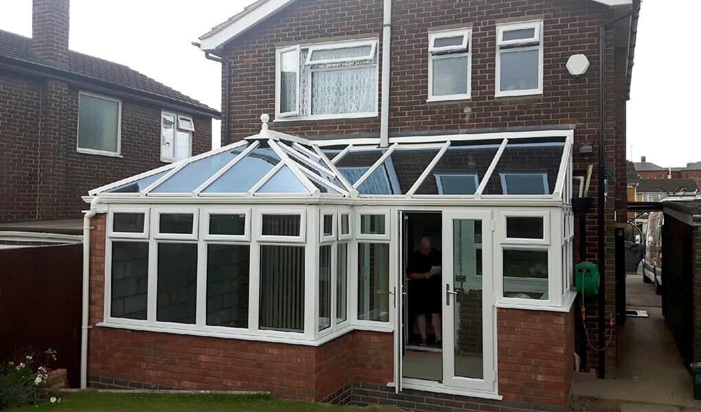 uPVC P-Shaped conservatory with a glass roof
