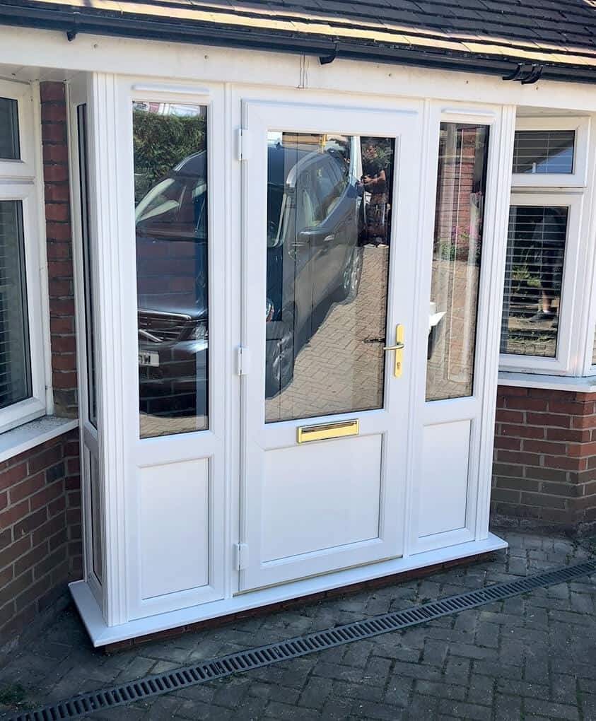 White uPVC entrance door and porch installation