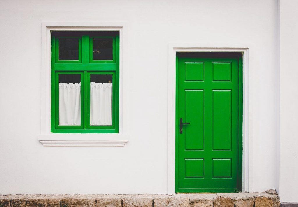 Green front door and window