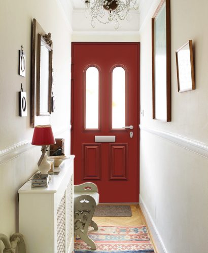Inside view of a red front door.