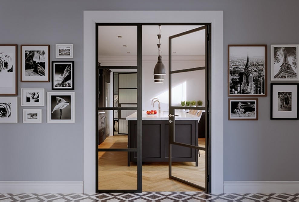 aluminium internal heritage door leading into a kitchen